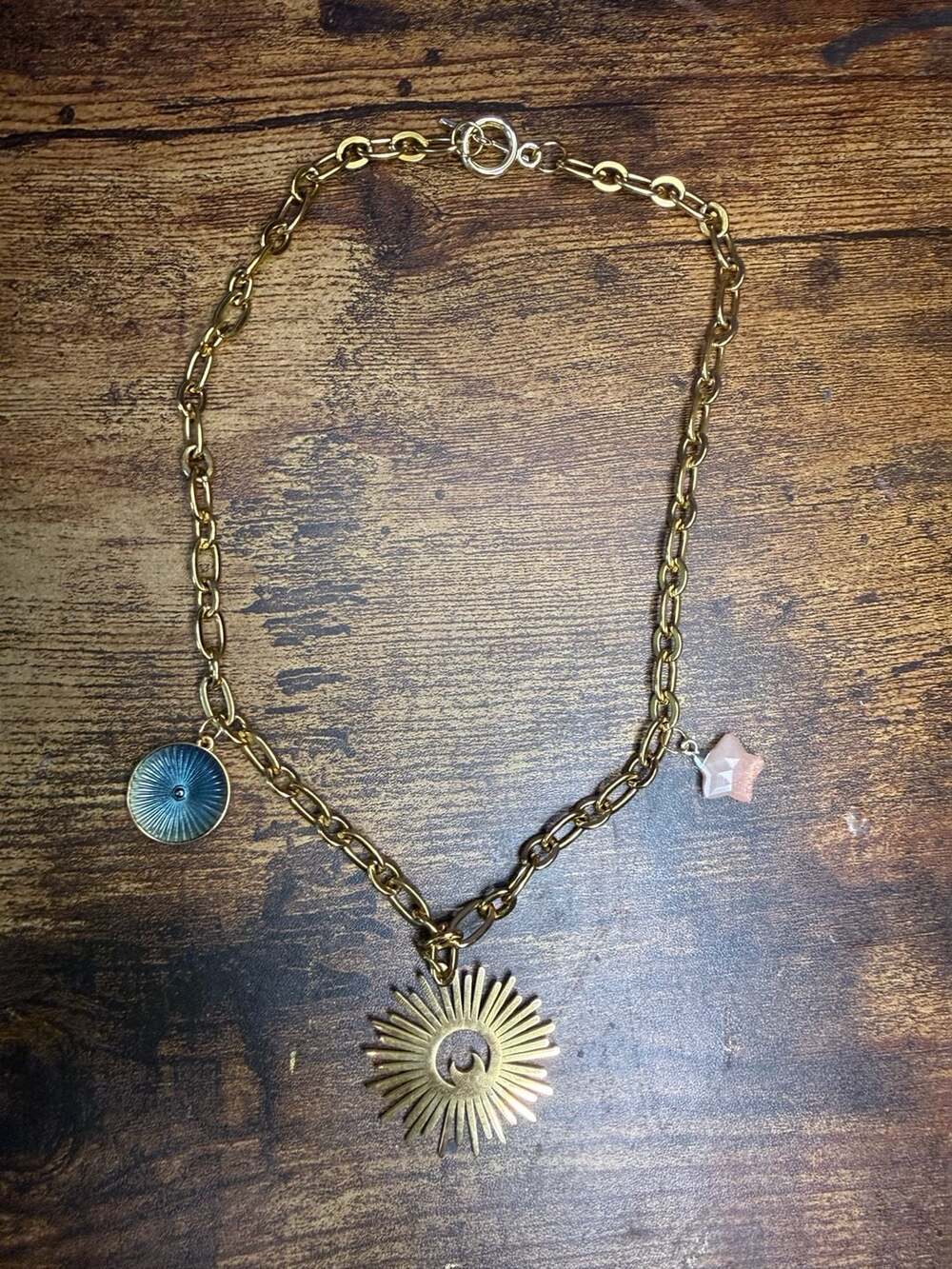 Handmade Gold Plated Celestial Paperclip Chain Necklace w Charms